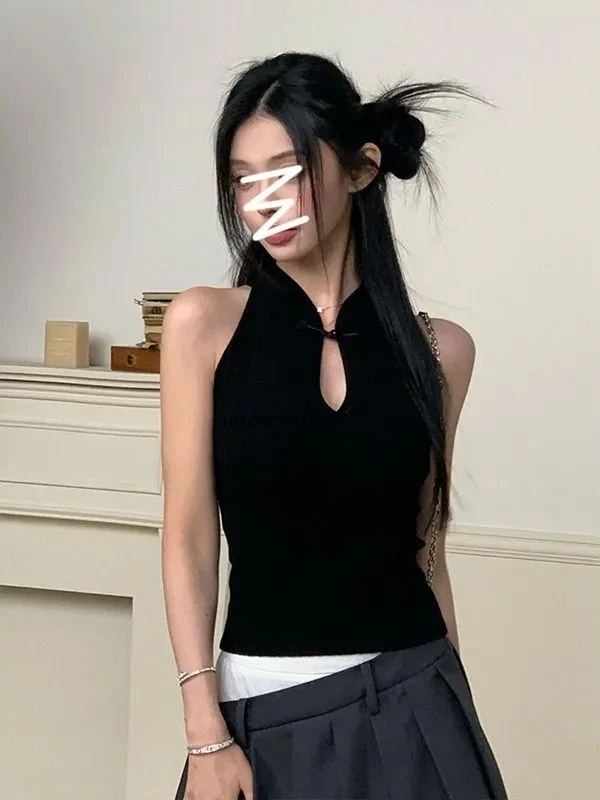 

Новый вязаный укороченный топ без рукавов в китайском стиле с вырезами, воротником-стойкой и пуговицами-лягушками, сексуальный и шикарный, в национальном стиле, жилет-накидка