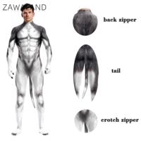 Zawaland Unisex Sexy Slim Cosplay Costume Snow Wolf Set Animal 3D Printing Zentai Jumpuit Full Bodysuit with Tail Party Playsuit