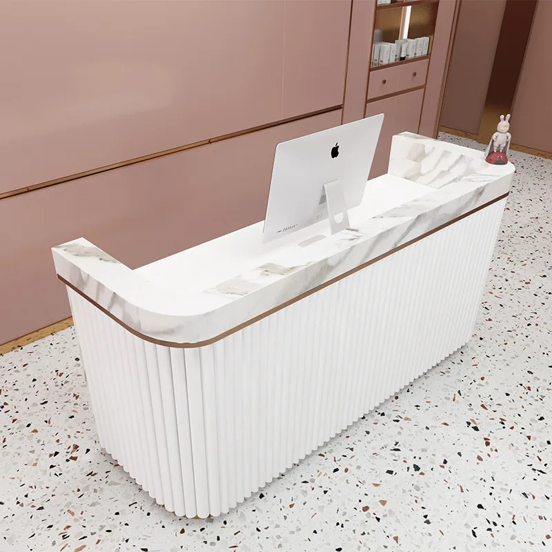 Contadores de caja modernos de lujo ligeros, contadores de caja en forma de arco para peluquería tipo mármol, muebles de recepción Cajero JT40C