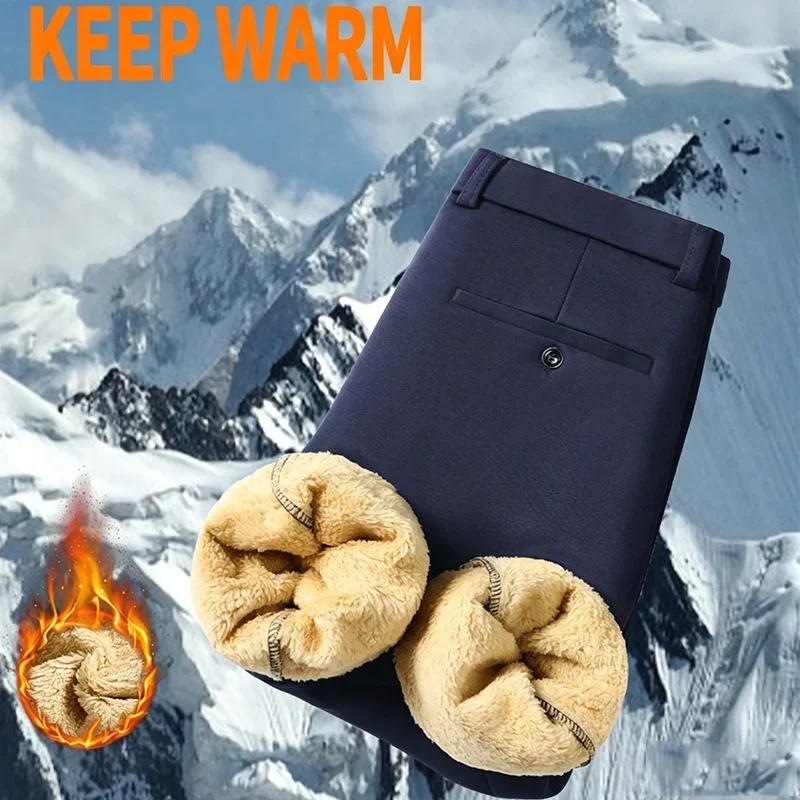 Mens Straight Leg Warm Winter Suit Trousers Plush Lamb Wool Full Lining Printed Brand Inner Pocket Belt Loops Pants For Men