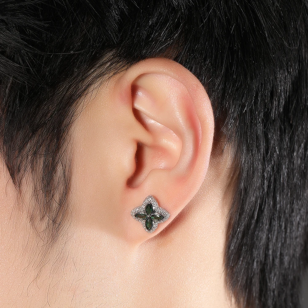 THE BLING KING Iced Clover Stud Earrings For Women Micro Paved 5A+ Cubic Zirconia Black Green Color Shiny Luxury Lovely Jewelry