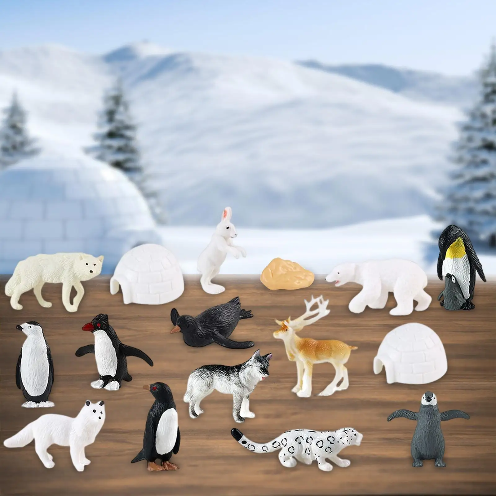 16Pcs Realistic Arctic Animals Includes Arctic Reindeer, Penguins, Polar Bear, Arctic , Igloo Figure Toy for Birthday Gift