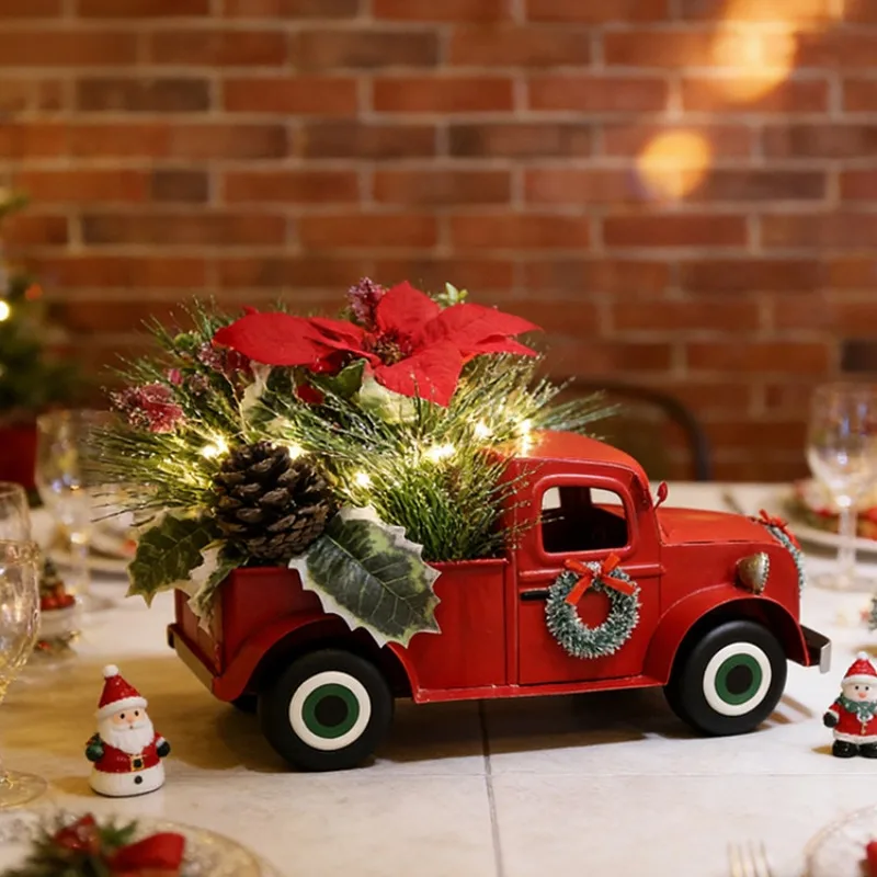 Car Christmas Decoration Red Truck with LED Lights Iron Metal Craft Ornament Christmas Pickup Truck Home Decorations