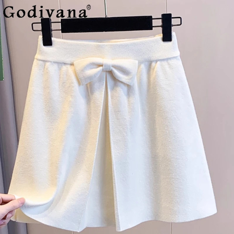 

Женская осень 2023, новинка 202, вязаная юбка с высокой талией и милым бантом, модные плиссированные короткие юбки трапециевидной формы в Корейском стиле
