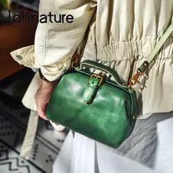 Johnature Vintage Doctor's Bag 2024 New Genuine Leather Women Handbag Simple Solid Color Real Cowhide Shoulder & Crossbody Bags