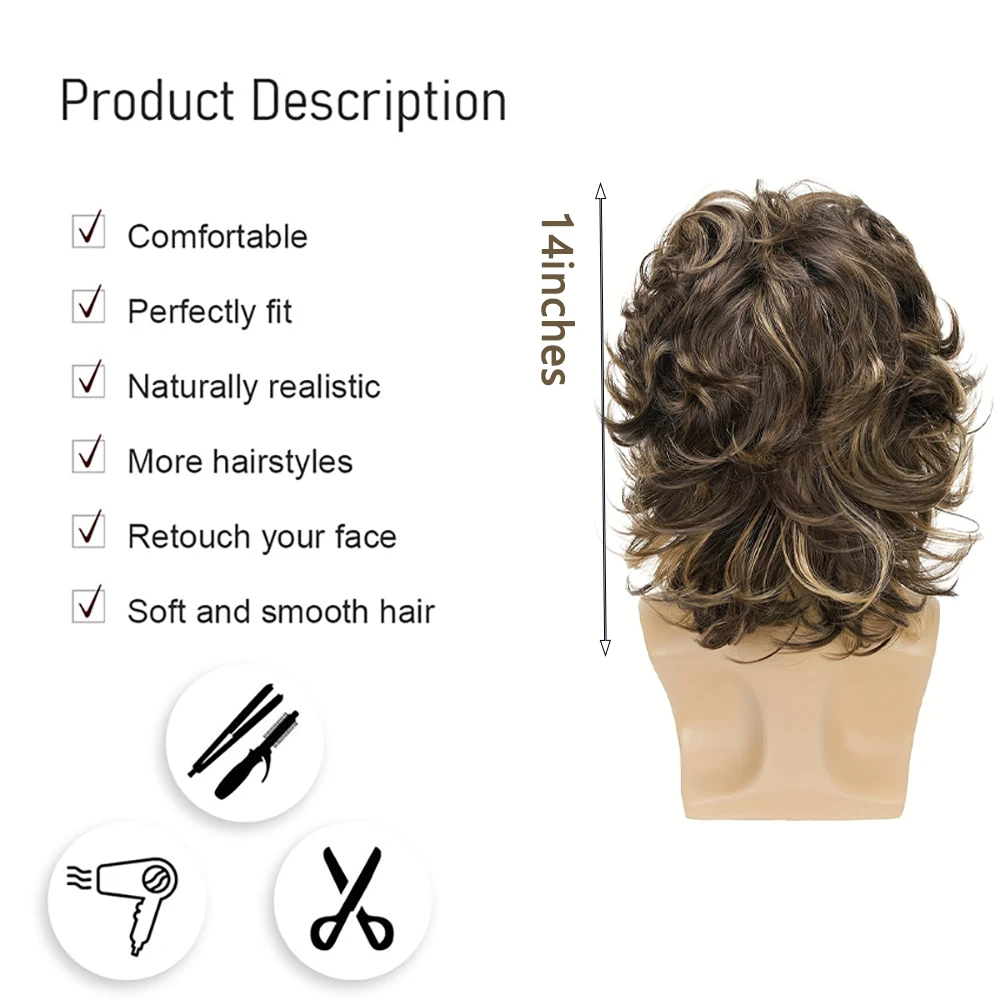 70s Disco Wigs For Men Brown Shaggy Curly Rocker Wig Medium Length Fluffy Synthetic Wig For Halloween Cosplay Retro Theme Party