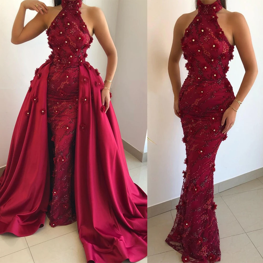 Real Picture Exquisite Evening Dresses With Removable Sweep Train Satin Mermaid Prom Party Gowns Formal Applique Arabic Vestidos