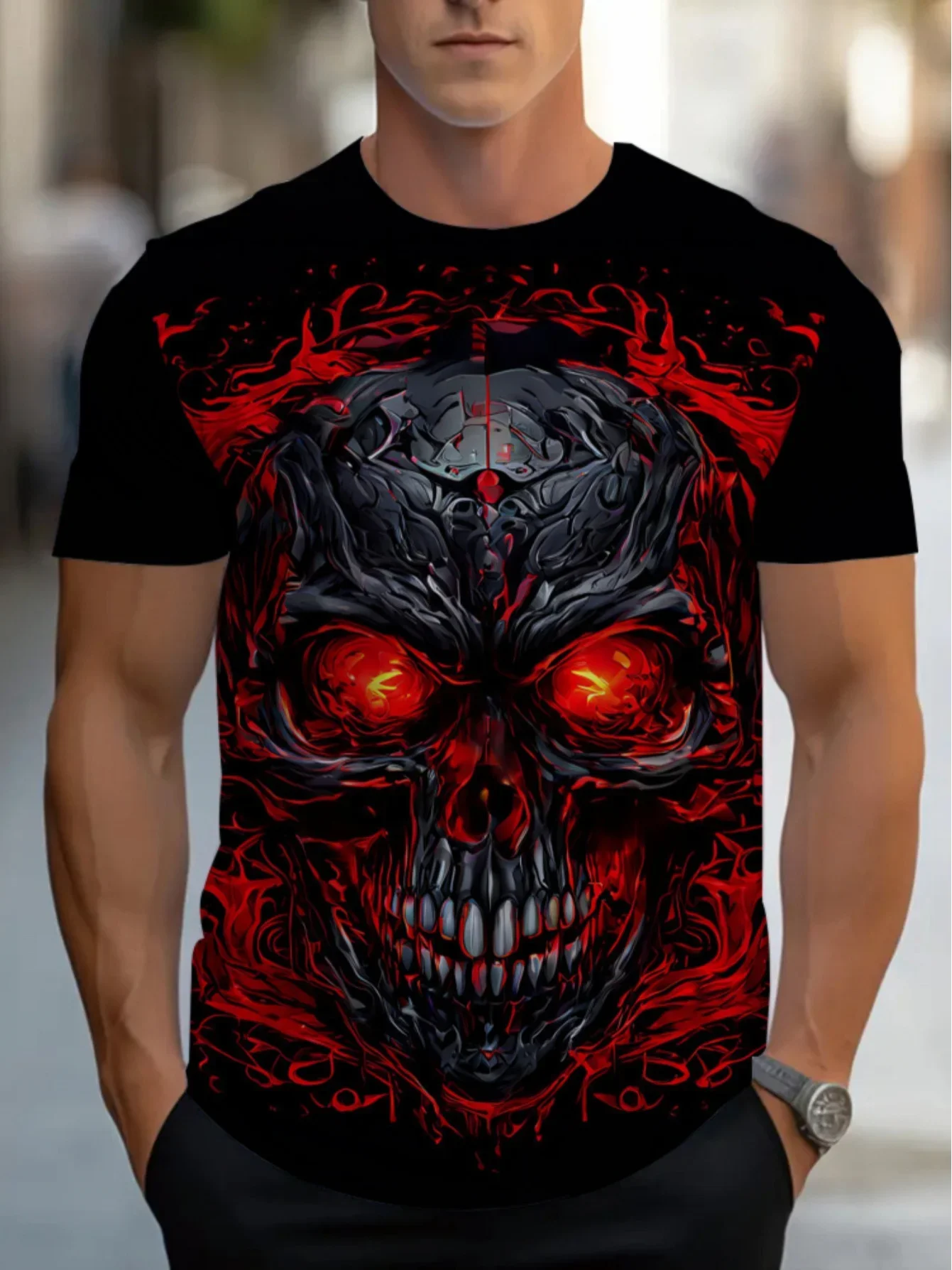 Vintage Hip-Hop Herren 3D Totenkopf Bedrucktes T-Shirt Gothic-Stil Kurzarm Trend Street Rundhals T-Shirt Mode Herren Streetwear