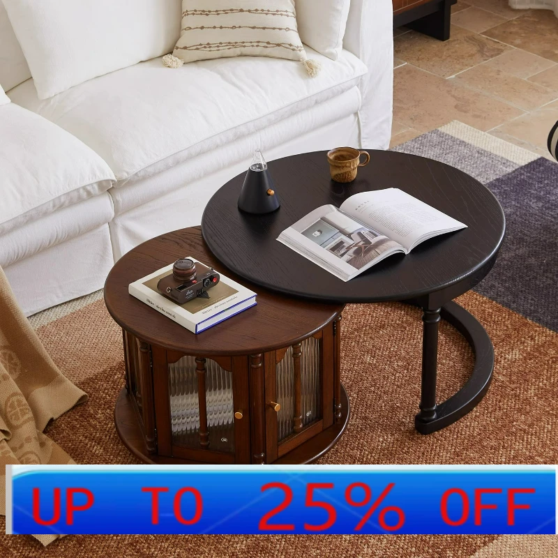 

LTT vintage style solid wood coffee table living room home size round mother and child round table