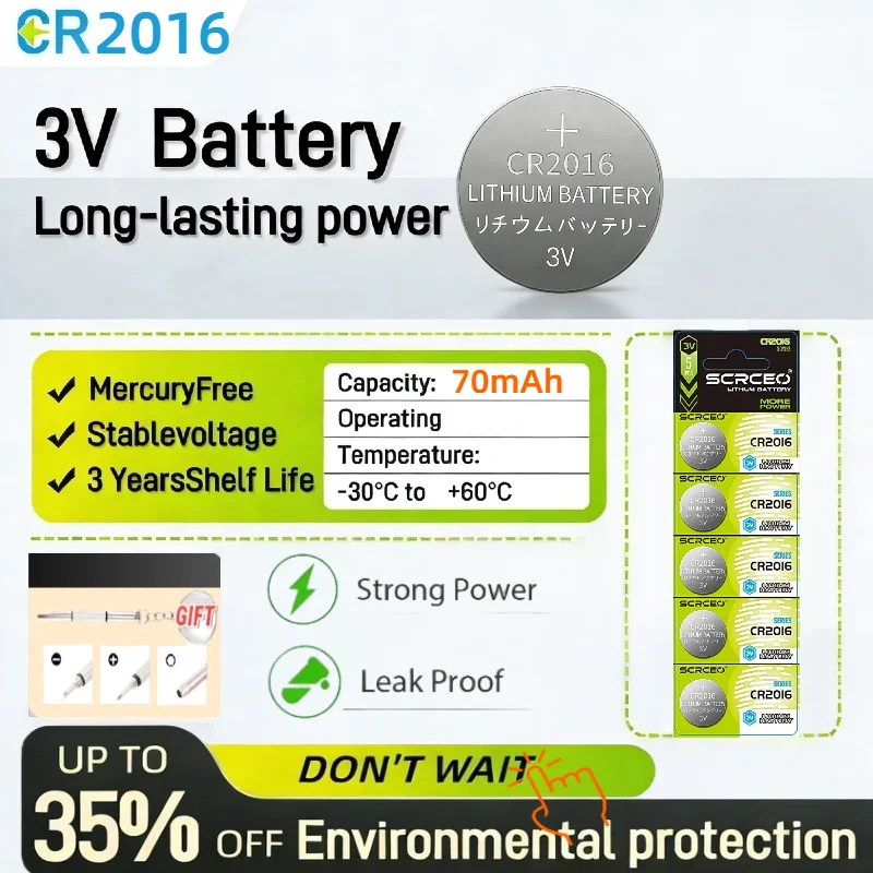

CR2016 3V Lithium Button Cell Batteries, Mercury-Free Long-Lasting Coin Cell for Car Remote, Watch, Calculator