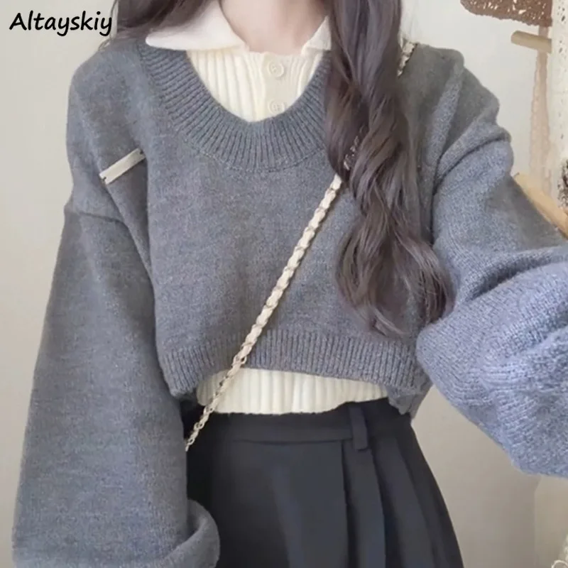 

Комплекты свитеров для женщин в консервативном стиле, вязаные нежные майки с отложным воротником, укороченные пуловеры, уменьшающие возраст, корейская мода, осенний шик