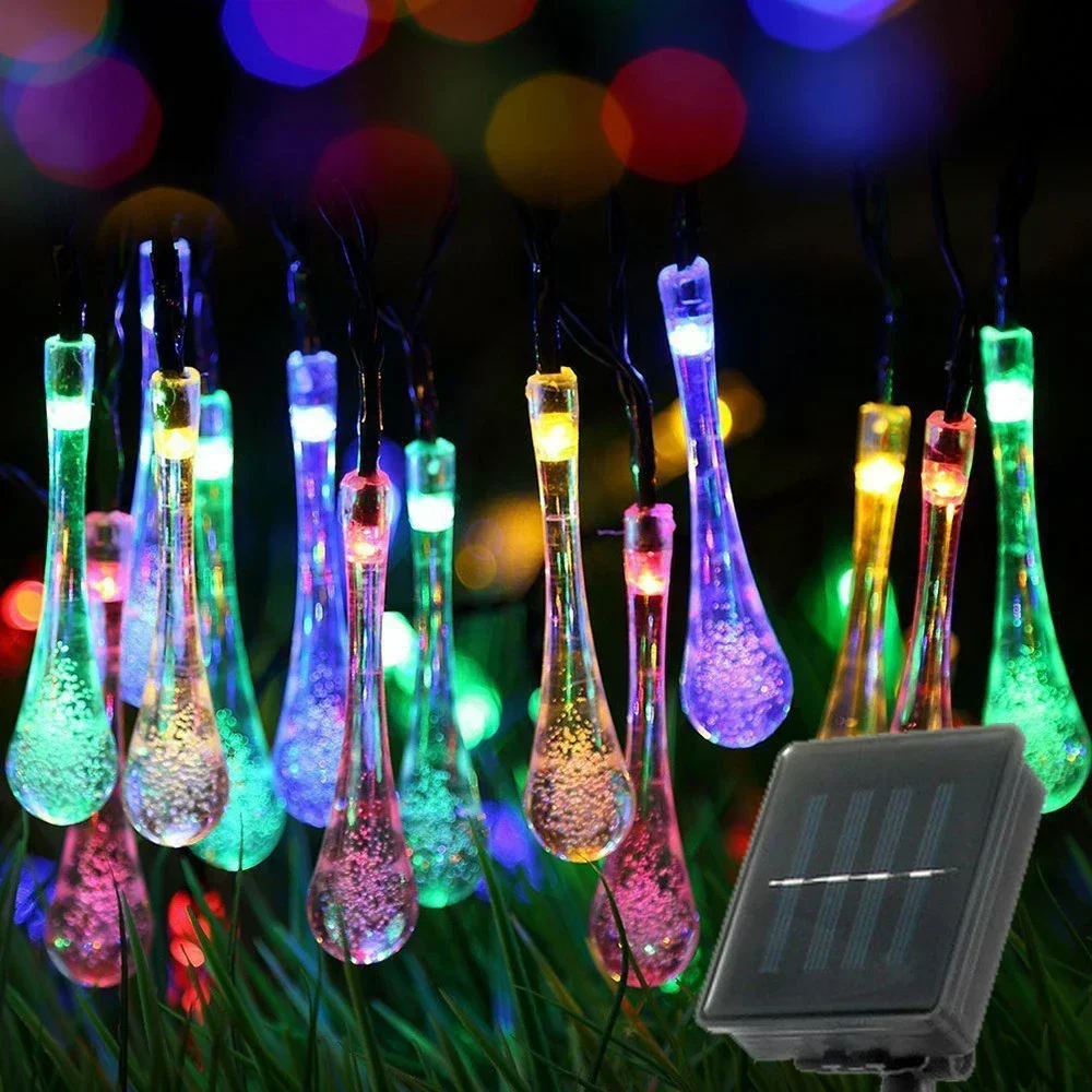 Imagem -02 - Led Outdoor Water Drops Solar Lamp String Lights 100 50 30 20leds Fairy Holiday Christmas Party Garland Garden Waterproof