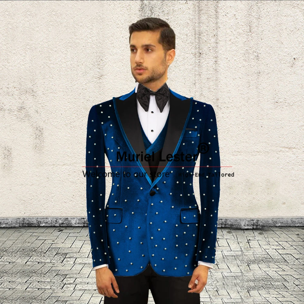 

Royal Blue Wedding Suit For Men Slim Fit Black Lapel Pearls Prom Blazer Custom Made Formal Man Banquet Groom Tuxedos 3 Piece Set