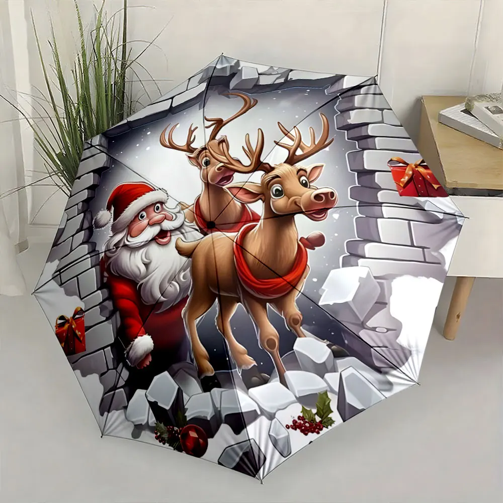 1PC Santa and Reindeer Design on Festive Umbrella Print 8 Iron Ribs Folding Umbrella Auto-Open Fashion Sunshade