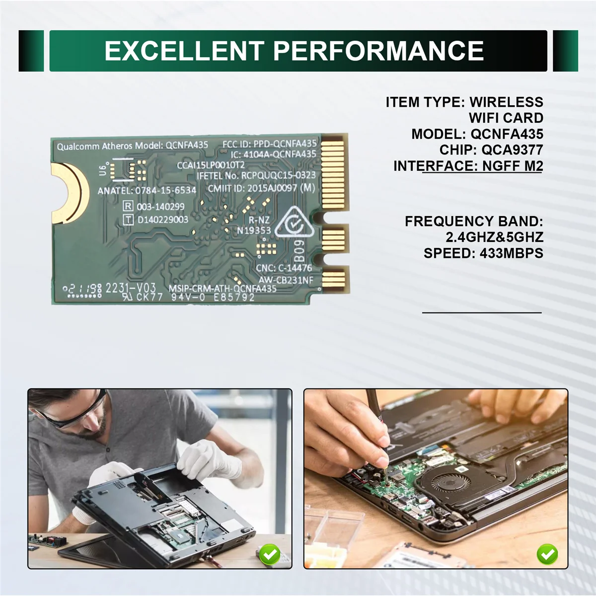 【Hot&Price】QCA9377 QCNFA435 Wireless Card Bluetooth4.1 WiFi Card 433Mbps 802.11AC 2.4G/5Ghz NGFF Network Adapter for Win 7/8/10