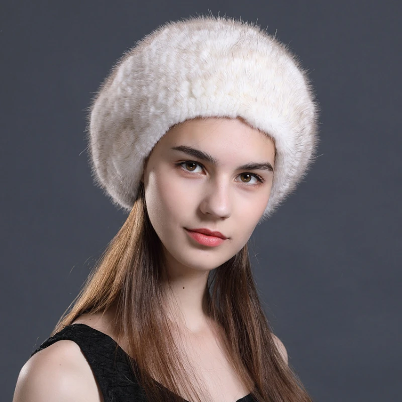 

High Quality Knitted Mink Fur Hat Women Winter Fuzzy Real Fur Beret Hat Elegant Ladies Fur Beanie Outdoor Trend Beret