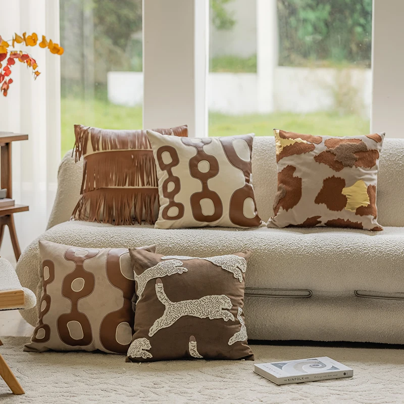 Retro style khaki brown cushion cover fringes tassel pillowcase indoor sofa decorative Coffee color throw pillow cover
