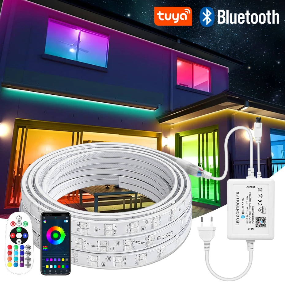 

20m 50m 100m Waterproof Smart 220V RGB Led Strip Light WiFi Bluetooth Remote Control RGB Led Tape Ribbon Outdoor Decoration