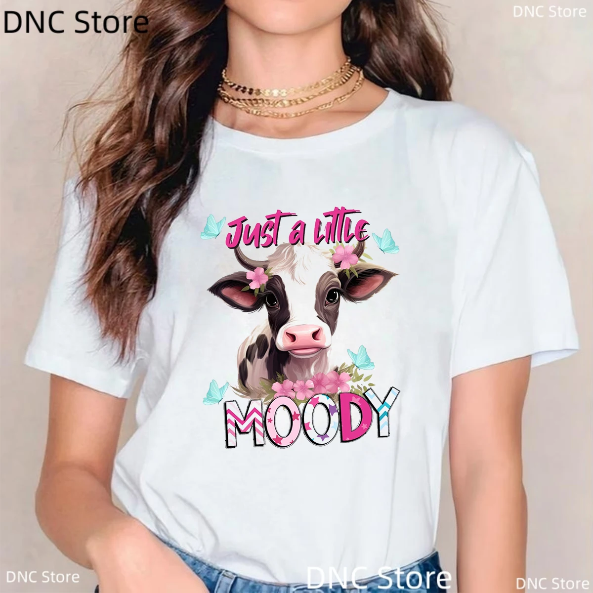 

Just A Girl Who Likes Cows Pattern Print T-Shirt Women Fashion Kawaii Shirt Summer Round Neck White Short Sleeved Female Tshirt