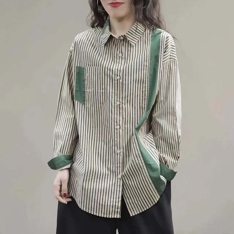 Retro Spring Autumn 2024 Women\'s New Spliced Polo Collar Button Pocket Stripe Fashion Loose Casual Long Sleeve Blouses Shirts