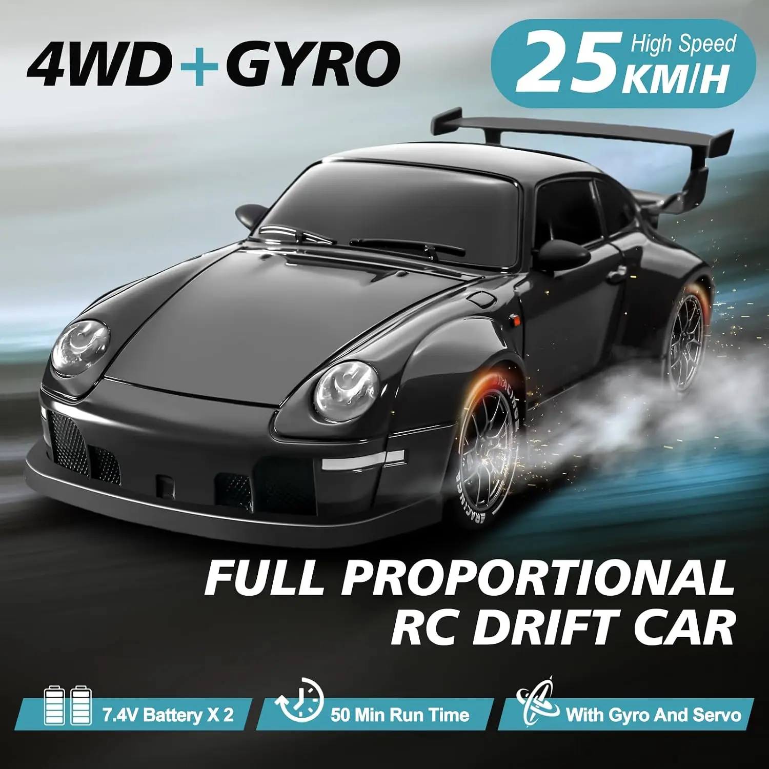 RC Drift Car Pro Upgraded with Gyro, 1:24 Full Proportional Remote Control Car, 25KM/H 4WD High Speed RC Cars with Lights, Extra