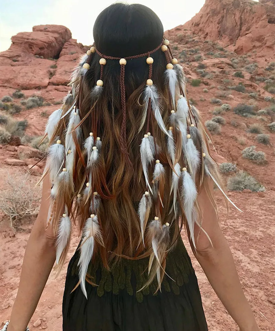 2023 Fashionable Boho Feather Headband Wig Beaded Feather Headdress Handmade Hair Clip Girl Hair Accessories gift High Quality