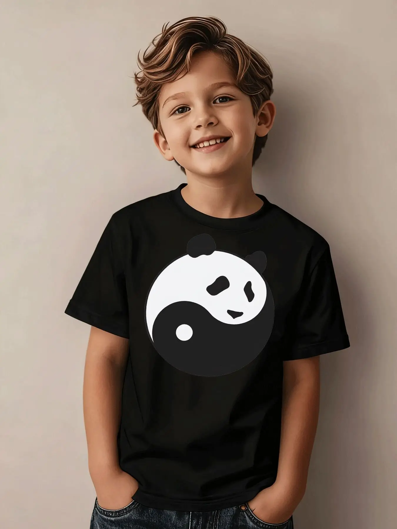 Round Neck Children's T-shirt  Trend Panda Yin-yang Pattern Parent-child Clothing Suitable for Daily Sports and Vacation Wear