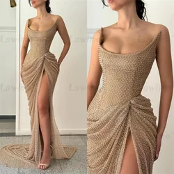 Robe Heavy Beaded Champagne Prom Dresses 2024 Strapless Long Wedding Party Dress Customize High Split Side Evening Gowns Sexy