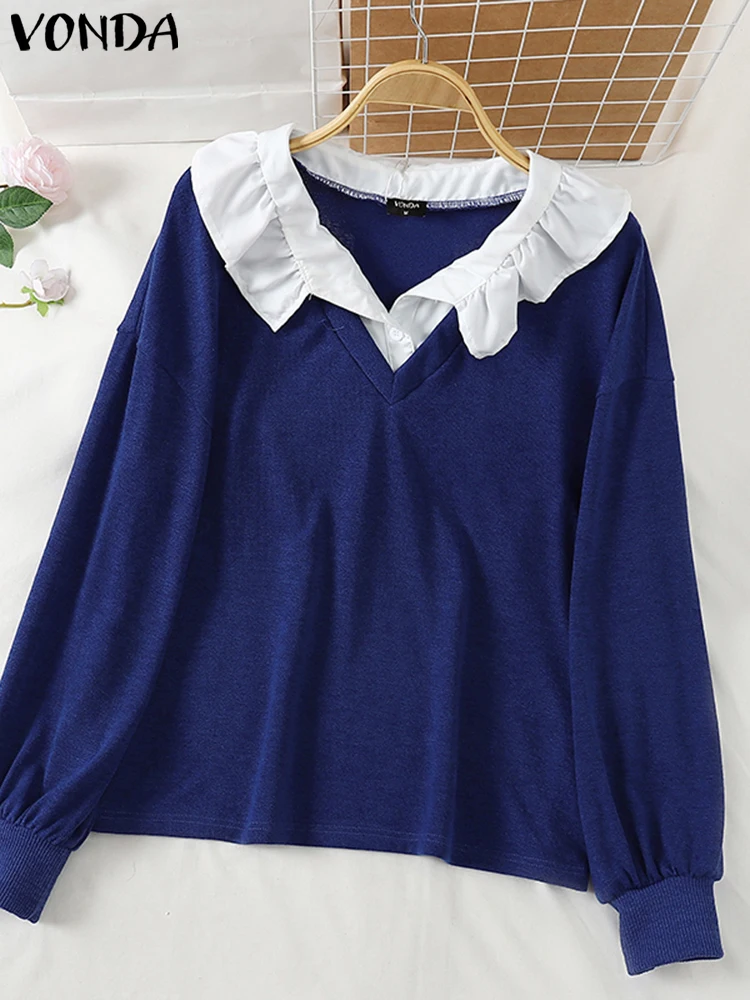 Moda blusa outono retalhos pulôver feminino casual solto manga longa blusas moda botão lapela gola topos 2025 vonda