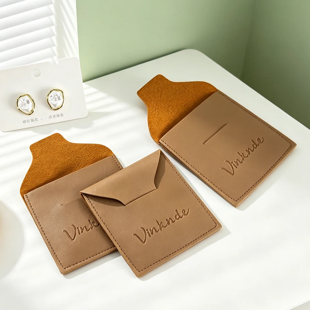 

100Pcs Custom Logo Coffee PU Leather Jewelry Bags Wedding Favors Makeup Rings Earring Bracelet Brooch Cosmetic Oils Gift Pouch