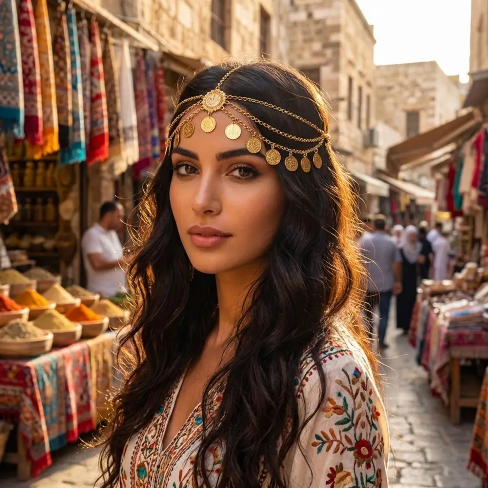 Coin Tassel Design Egyptian Gold Head Chain Metal Rhinestone Indian Bridal Headpiece Bohemian Adjustable Hair Chains Wedding