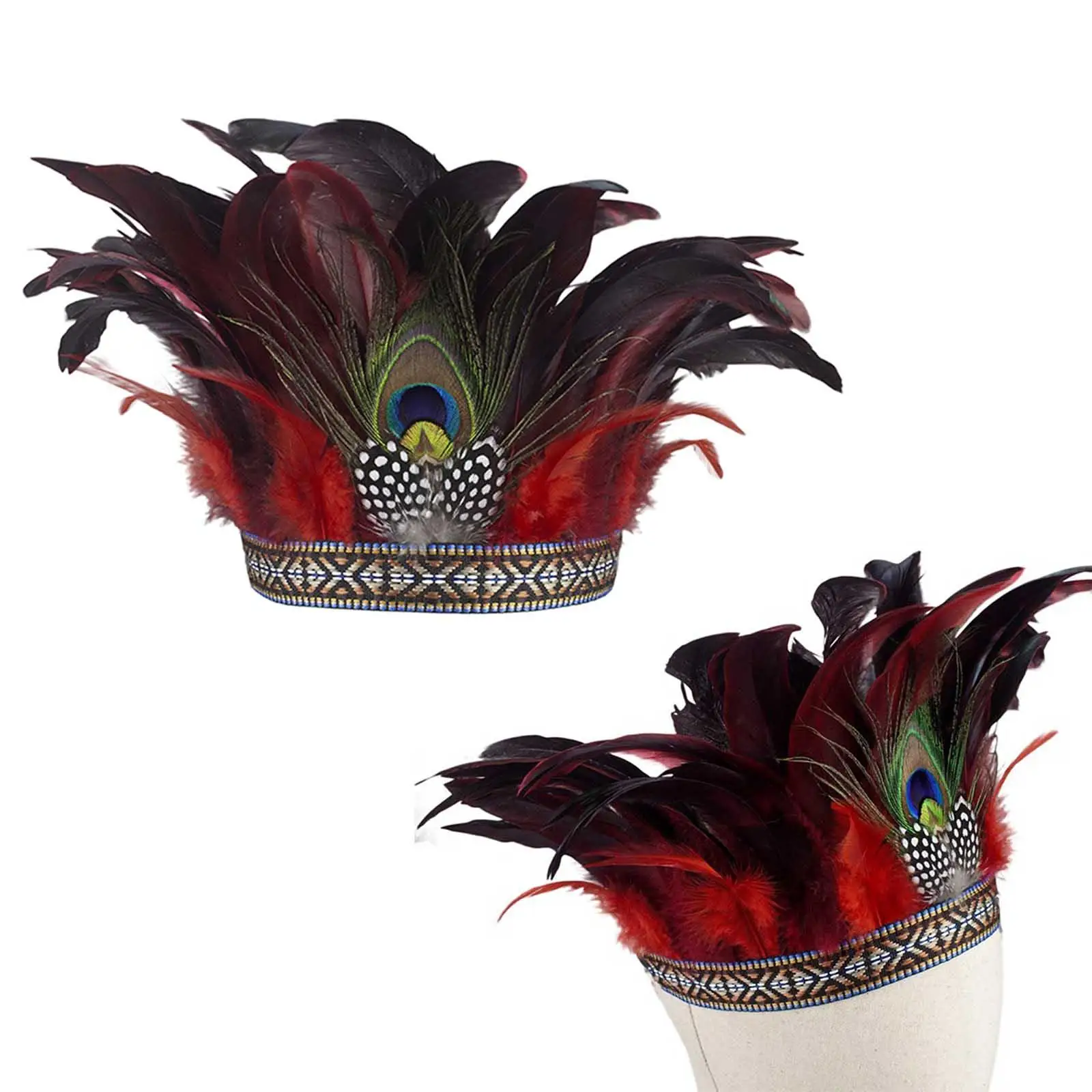 Costume da pavone con corona di piume copricapo decorativo Fascinator con fascia indiana per spettacolo di danza carnevale Halloween