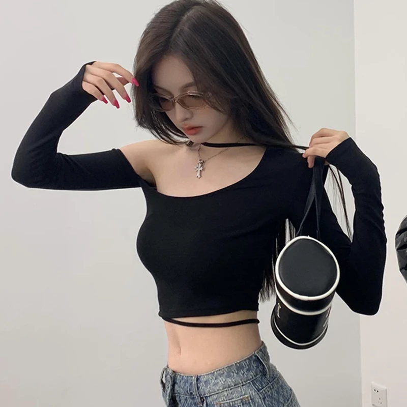 

Off Shoulder T-Shirt Simple Womens Crop Top Woman Adjustable Detail Cutout Design Cotton Pure Blue Casual Cute Bow Stretchy Vibe