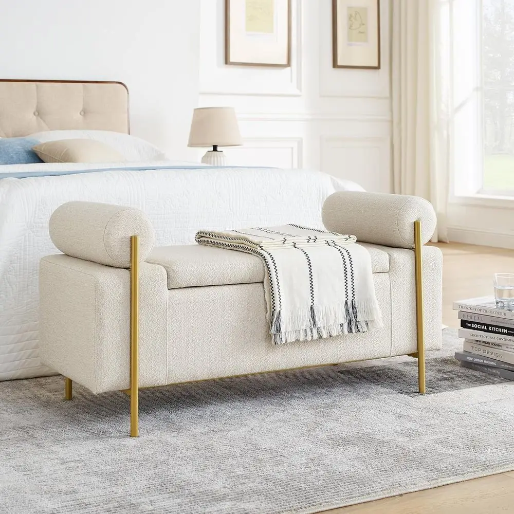 Contemporary Beige Upholstered Ottoman with Gold Legs, Armrest Bench for Entryway, Living Room, Bedroom