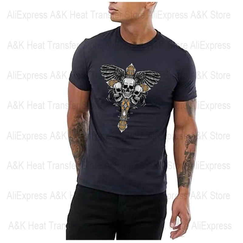 Cool Steampunk Cross Skull Thermo Sticker Iron Patches Heat Transfer Men Shirt Dipped DIY Applique Parches Thermo Stripes Decals