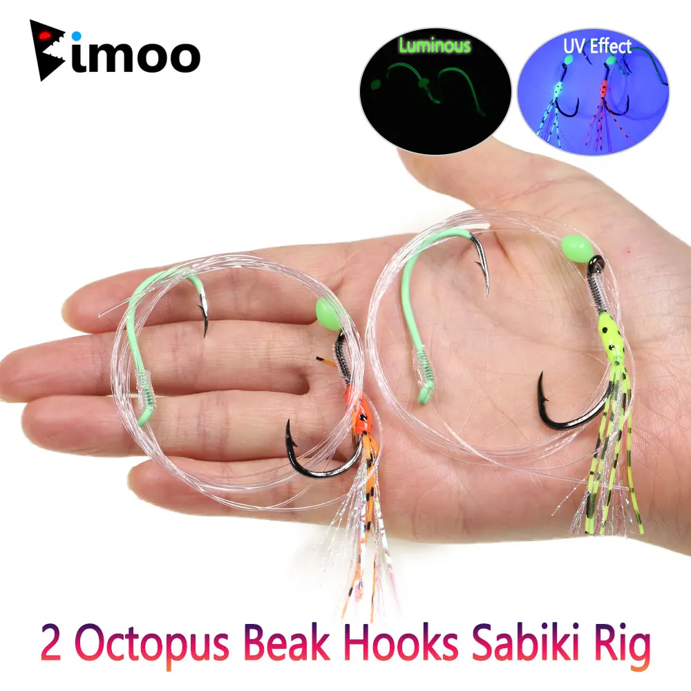 Bimoo Saltwater Fishing 2 Octopus Beak Hooks Sabiki Rig Luminous Offset Octopus Hook For Tuna Snapper Bass Salmon Fishing Baits