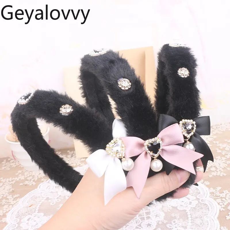 和風の女の子らしいスイートヘッドフープ、蝶結び、ラインストーン、パール、プラッシュヘアアクセサリー、女性用ヘッドバンド、キュートなヘッドウェア