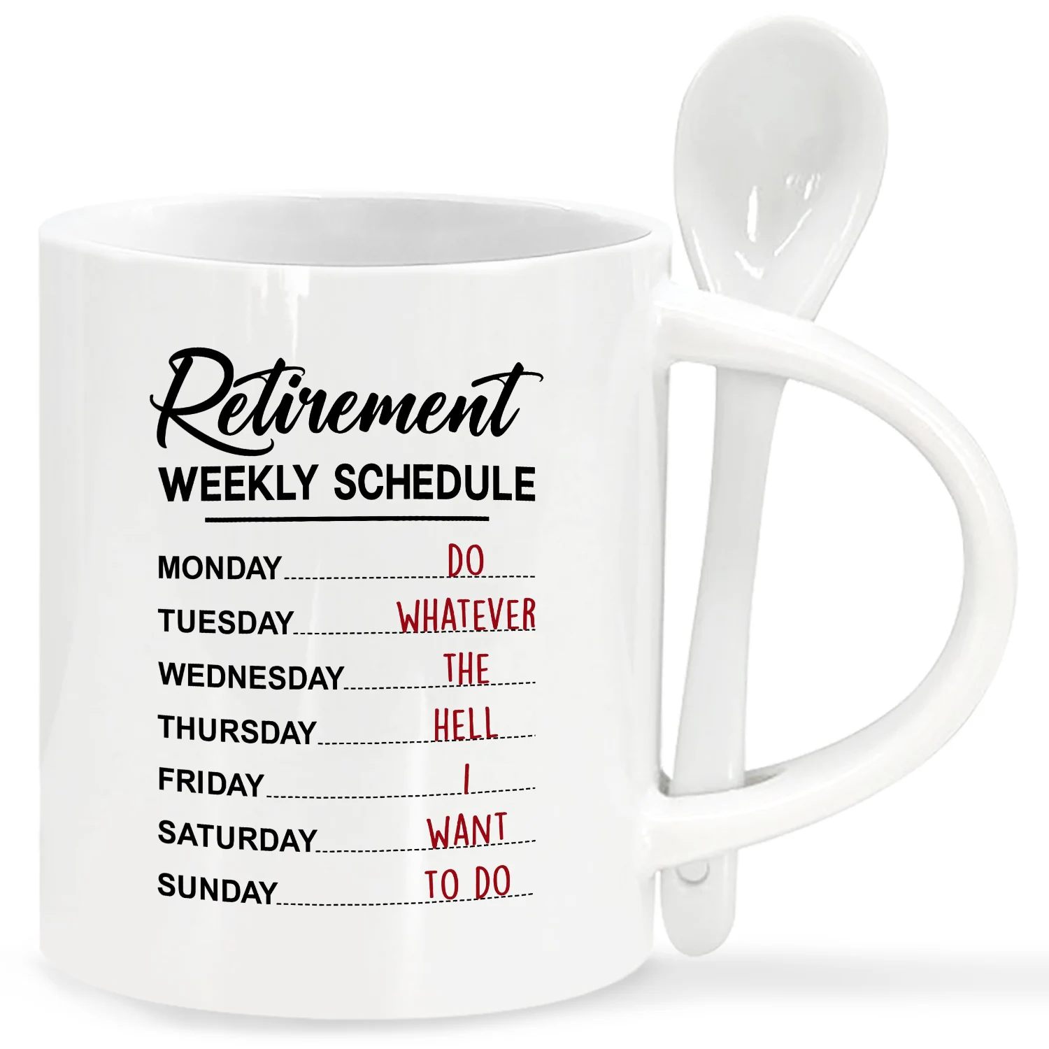 Taza divertida de regalo de retiro, taza de horario semanal para mujeres, hombres, taza de café de cerámica blanca de 11 oz con cuchara