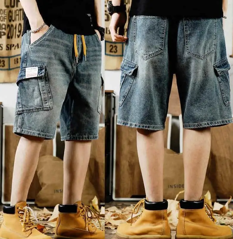 Retro Make Old Cargo Denim Shorts, Men\'s Straight Loose High Street Knee Length Jeans