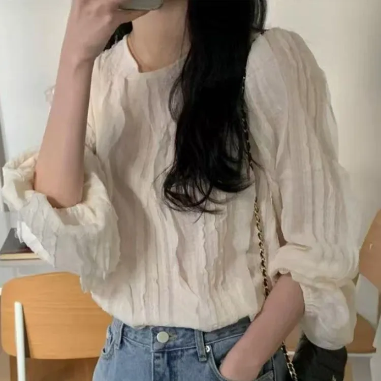 엘레 빈티지 롱 스웨트 여성용 레이스 트림 세로 스트라이프 디자인 감각적 연령 감소 시크 슬레 출퇴근용 적합