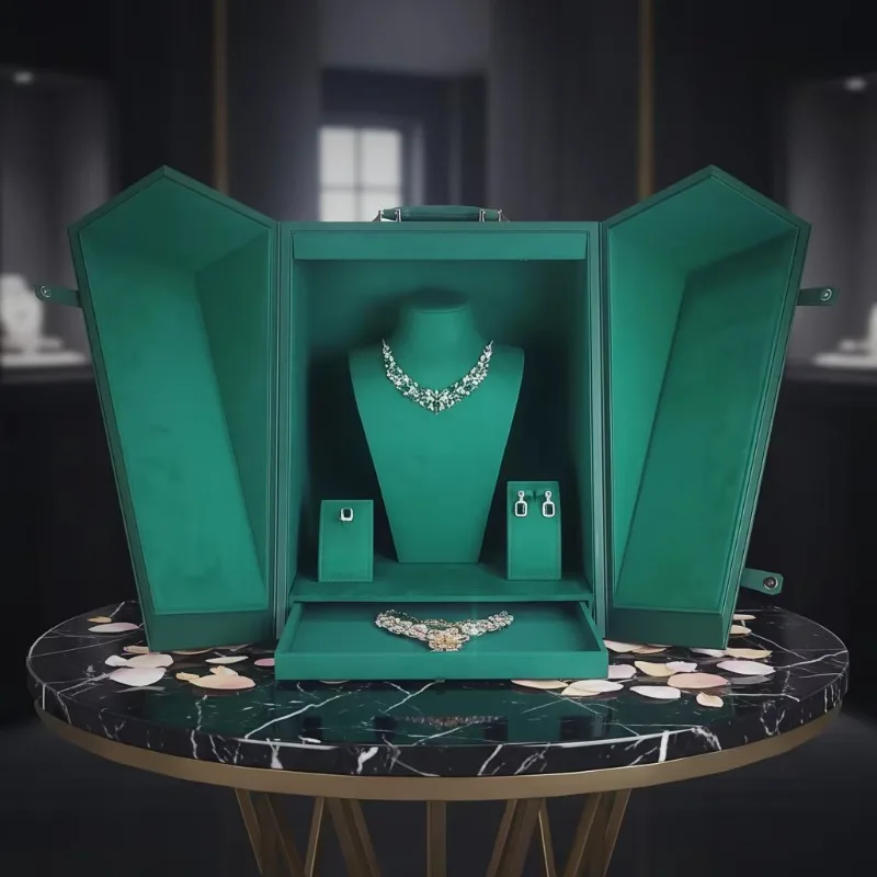 Luxury Jewelry Display Stand Suitcase Bust Necklace Pendant Stand Ring Earrings Large Double Door Jewelry Display Box