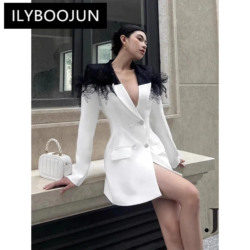 ILYBOOJUN Colorblock Temperament Blazers For Women Notched Collar Long Sleeve Patchwork Double Breasted Slim Blazer Female