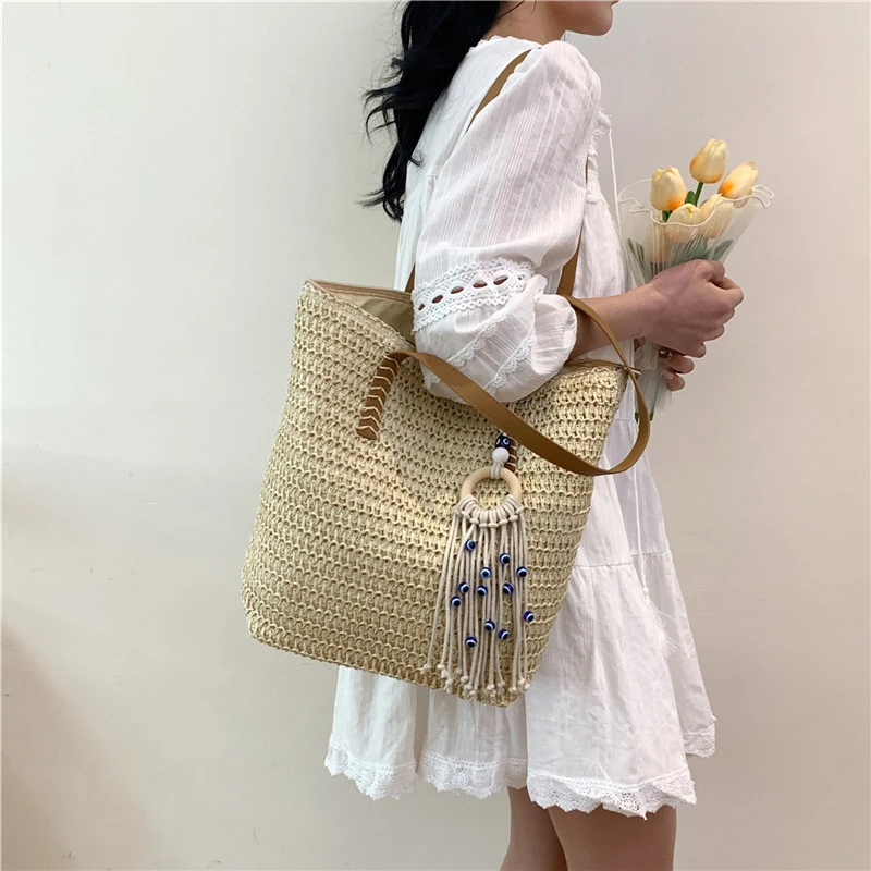 

Women's Large Capacity Beach Straw Bag Casual Paper Woven Design Ladies Bali Bohemia Shopper Tote Bag Long Tassel Female 2024