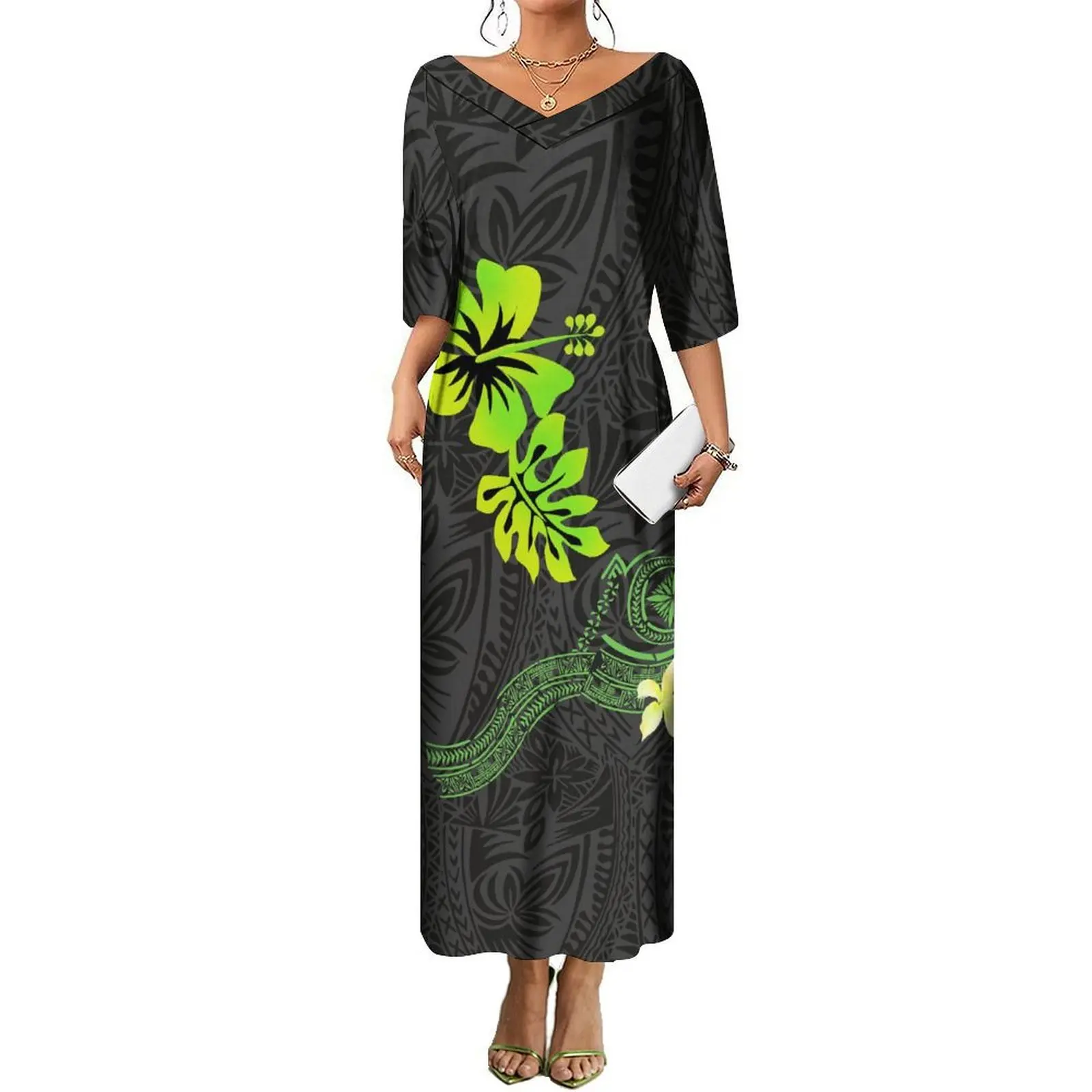 عالية الجودة هاواي الأزهار شاطئ حفلة المرأة فستان بفتحة عنق على شكل v كبير النار كوكتيل حفلة فضفاضة فستان طويل غير رسمي البولينيزية طباعة