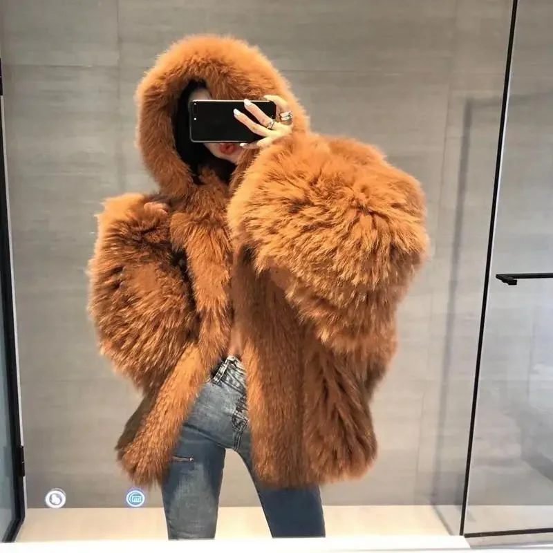 Women Hooded Faux Fur Coat Warm Coat Flocking Cotton Mink Fur Jacket High Waist Bomber Fluffy Cardigan Long-sleeved Tassels Tops