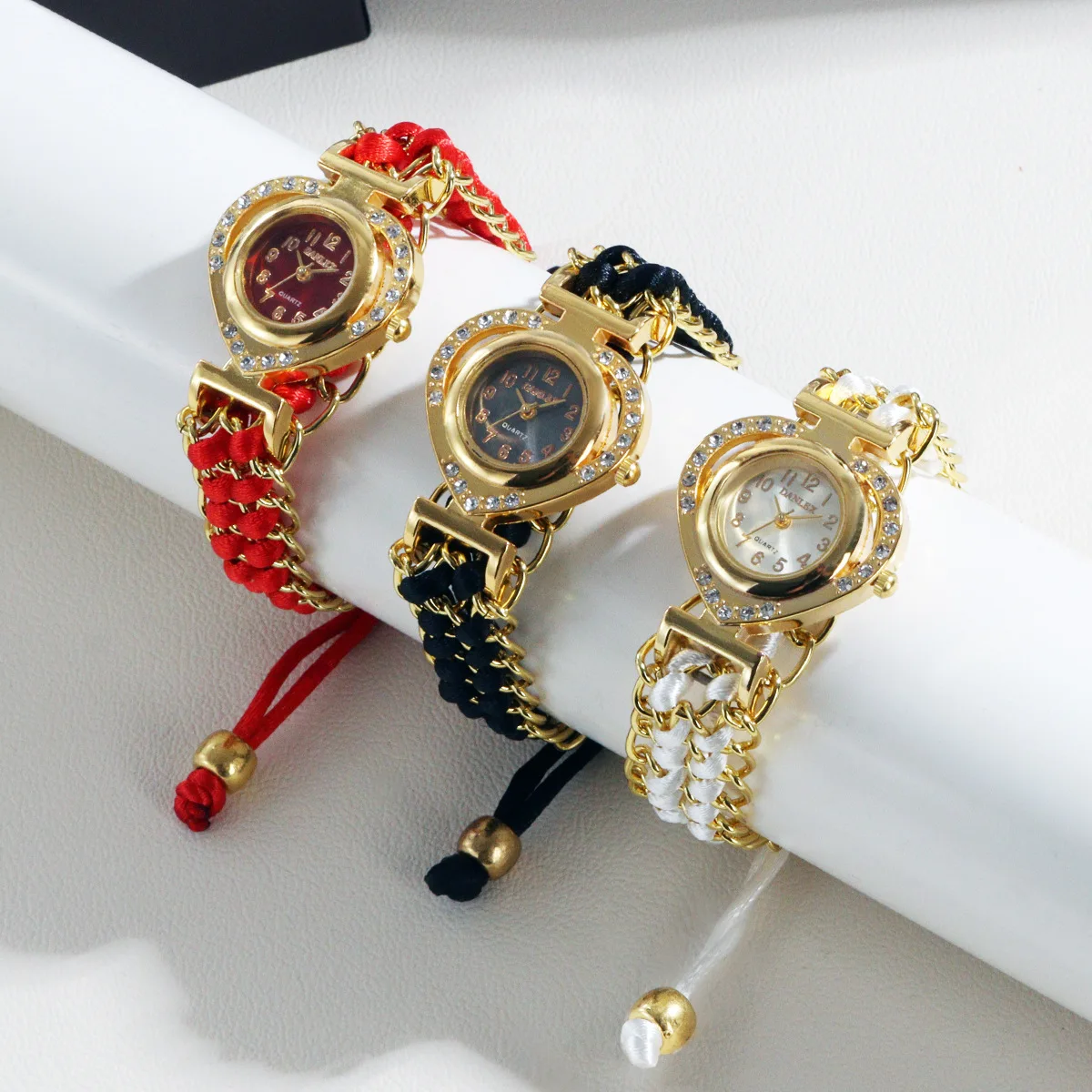 10 шт./лот, золотые женские часы с любящим сердцем, новые женские наручные часы, цветные блестящие часы из ткани со стразами, милые часы для девочек