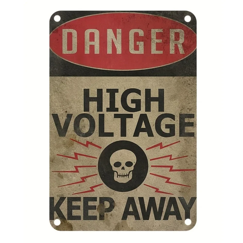 Hoogspanning gevaar waarschuwing metalen posterbord met schedel en bouten ontwerp tin bord wanddecoratie, garage, kantoor, elektrische gebieden