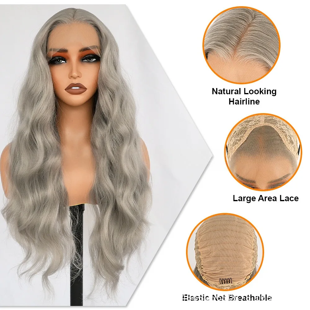 28 Inch Body Wave Silver Grey Lace Front Wig for Women 13x4 Lace Frontal Glueless Heat Resistant Synthetic Ash Grey Cosplay Wig