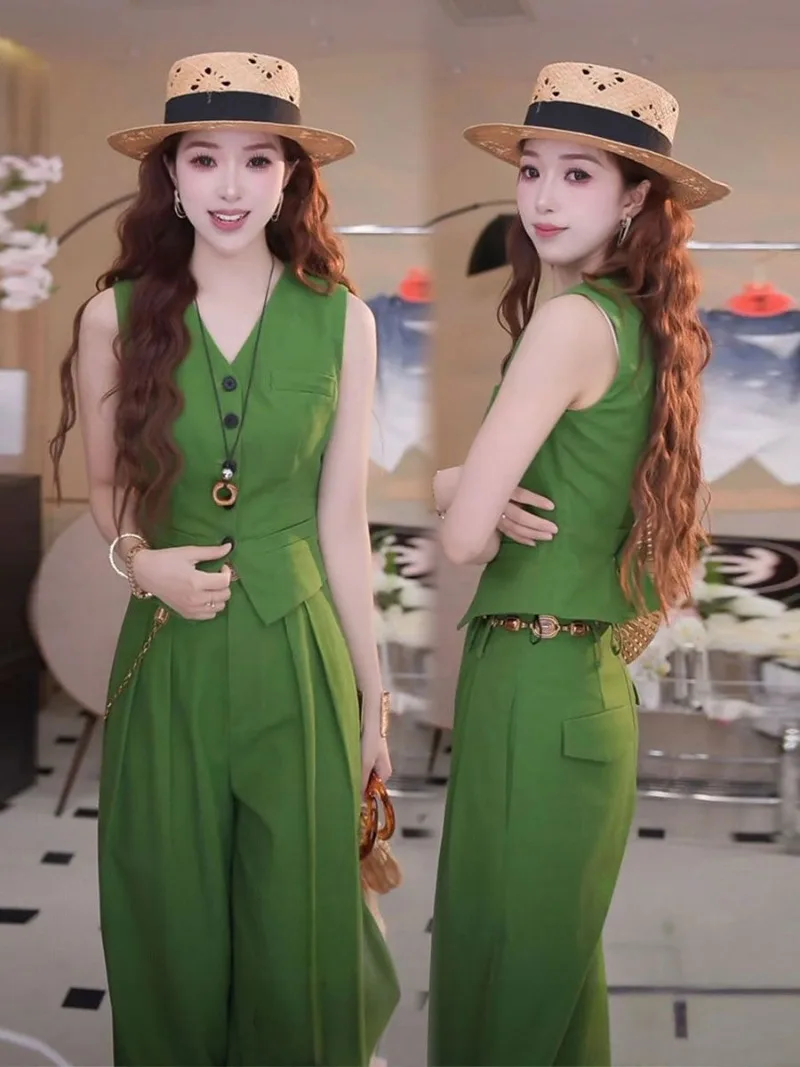

New French Summer Women's Suit Fashion Sleeveless Slim Vest Top + High Waist Wide Leg Pants Elegant Office Lady Two Piece Set