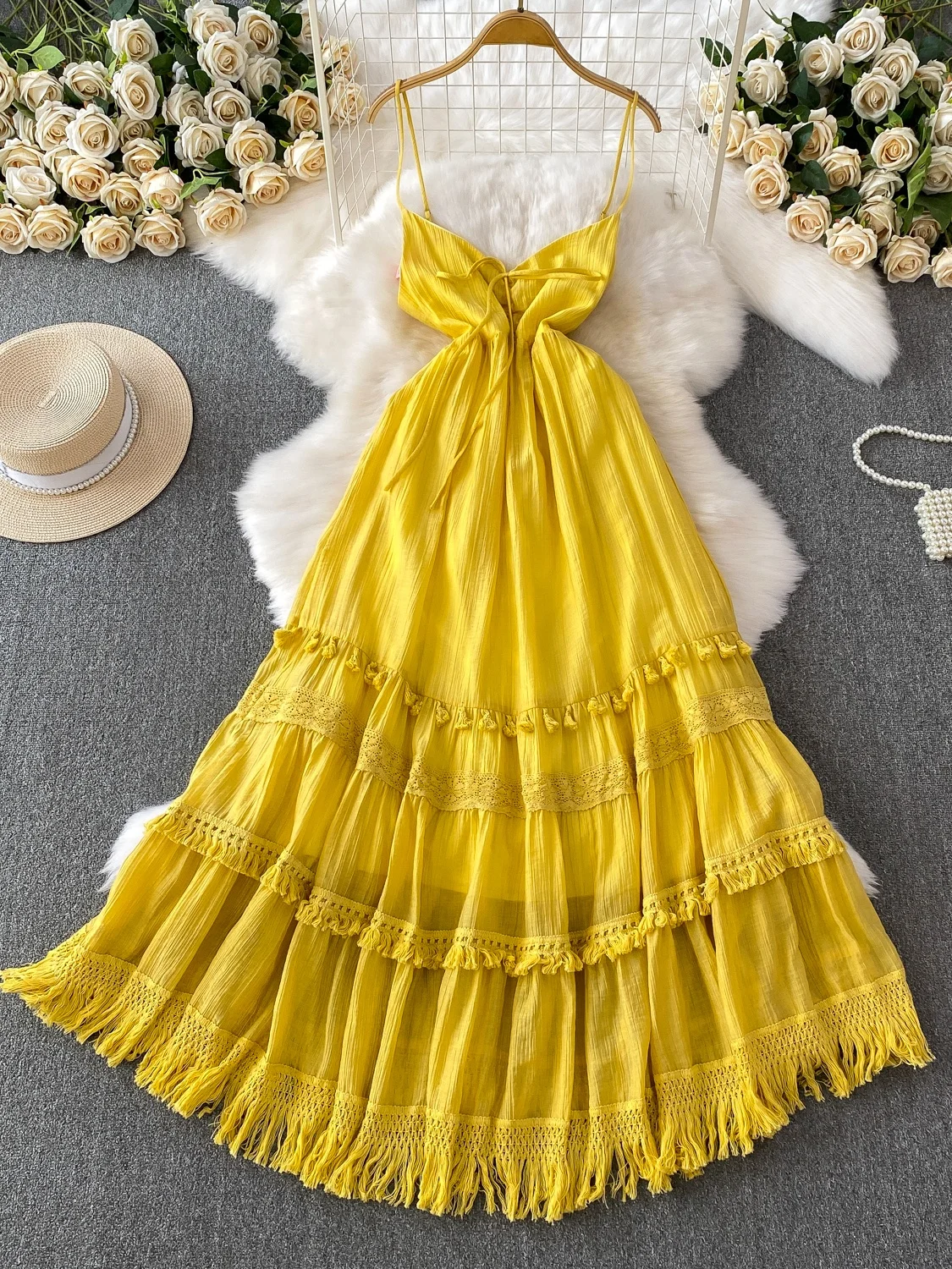 Beach Vaion Sle Sexy Bal longue v-ne Dr femmes été taille haute minceur gland jupe Midi coréen Sle trajet